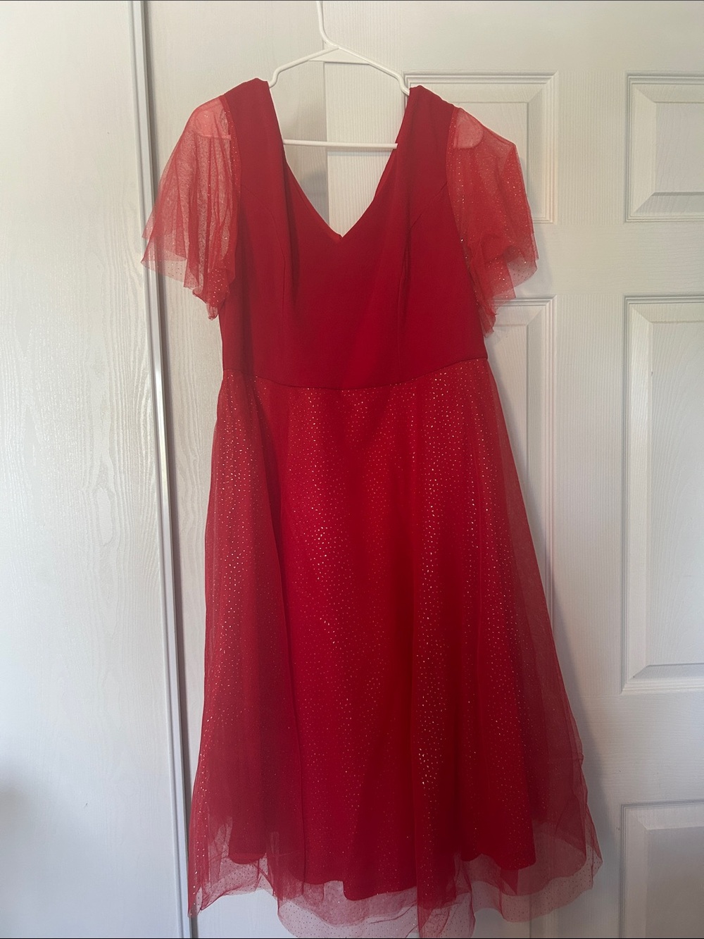 SHEIN Red V-Neck Glitter Tulle Party Dress